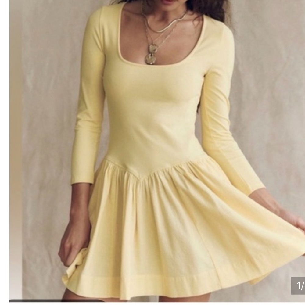 Free People Free-est Onda Drop-Waist Long-Sleeve Mini Dress S Banana Cream